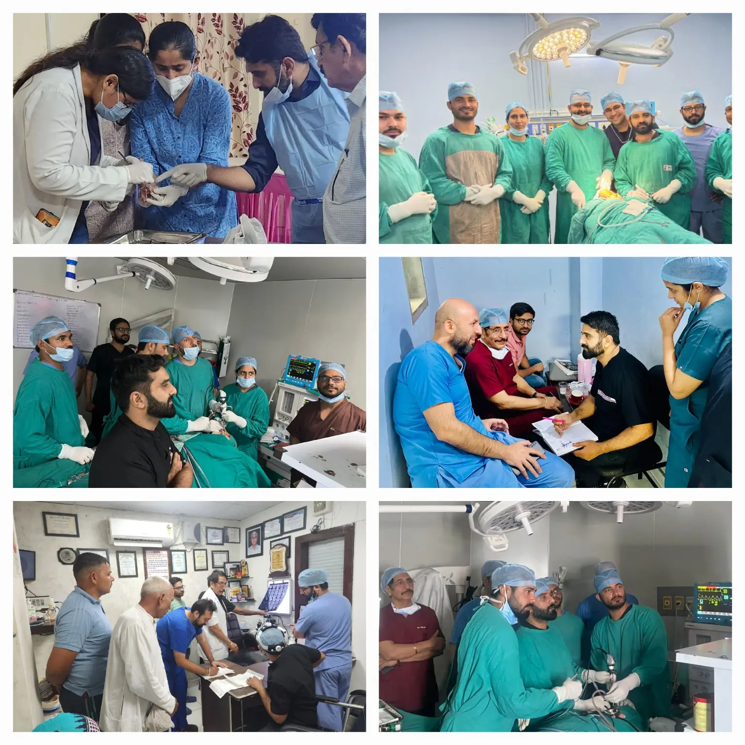 Six photographs of hands-on teaching, operating-room teamwork and clinical discussion